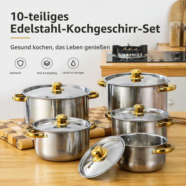 Edelstahl Kochgeschirr-Set, Topfset aus Edelstahl mit zwei Griffen, 10-teilig Töpfe Set mit Deckeln