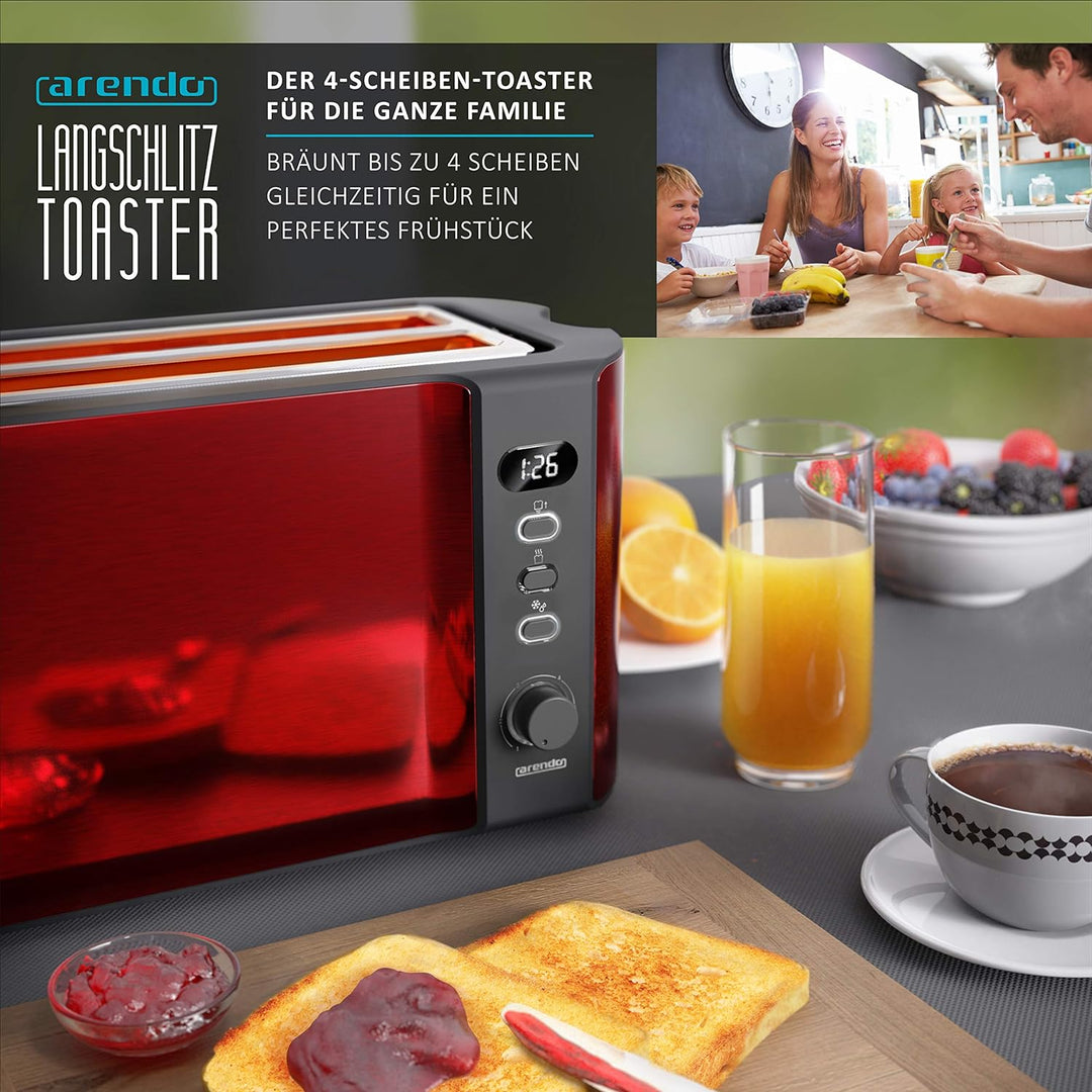 Arendo - Edelstahl Toaster Langschlitz 4 Scheiben - Defrost Funktion - wärmeisolierendes Gehäuse - m