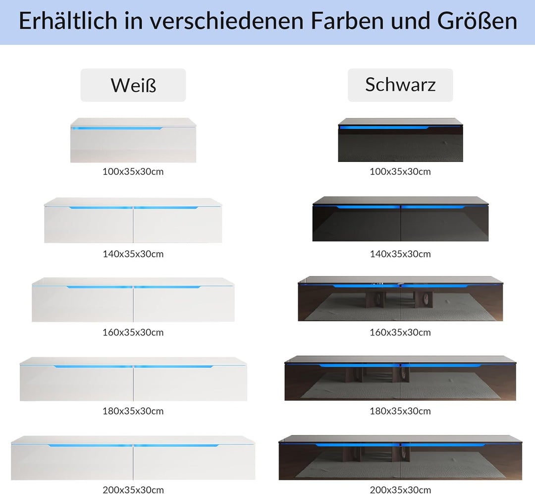 SONNI TV-Schrank, Lowboard Hochglanz Schwarz Hängend/Stehend, TV-Regal mit 16 Farben LED-Beleuchtung