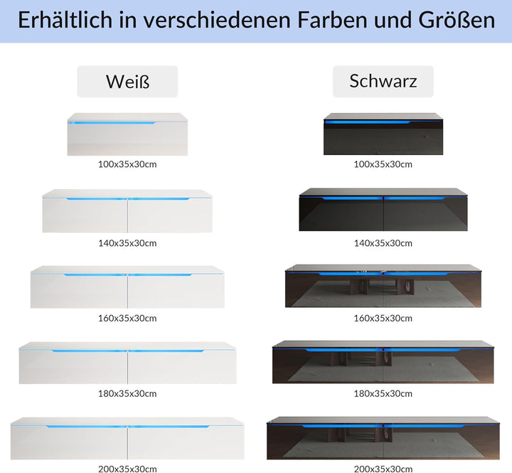 SONNI TV-Schrank, Lowboard Hochglanz Schwarz Hängend/Stehend, TV-Regal mit 16 Farben LED-Beleuchtung