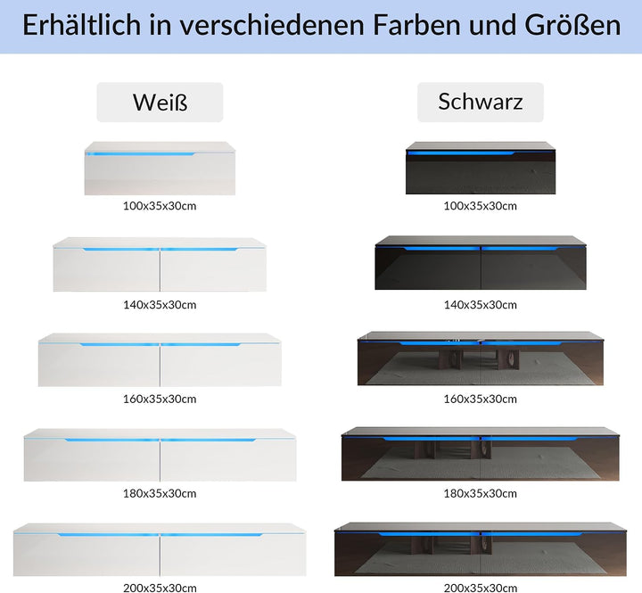 SONNI Lowboard mit LED (16 Farben), Hängend/Stehend, Weiss, 100x35x30cm | TV-Schrank Hochglanz für F