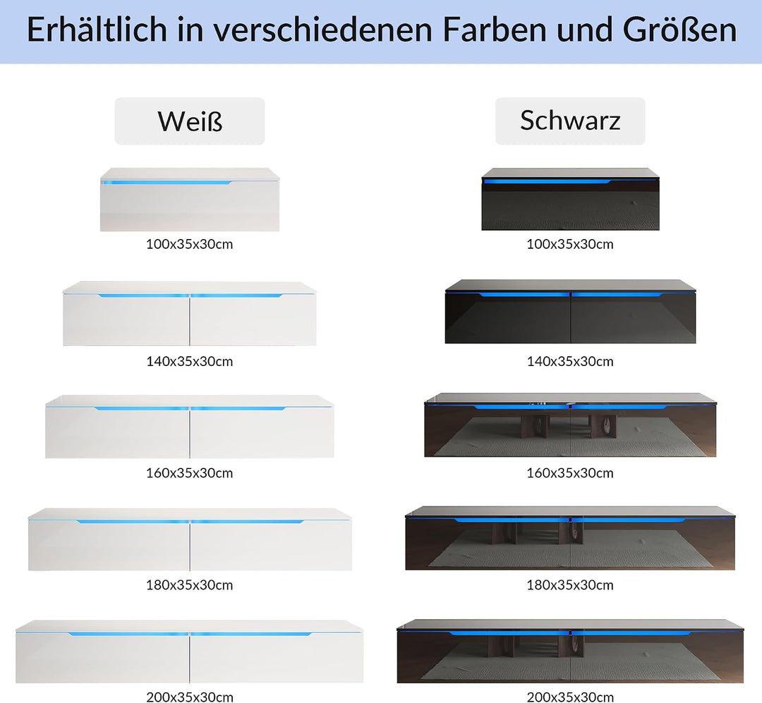 SONNI Lowboard mit LED (16 Farben), Hängend/Stehend, Weiss, 100x35x30cm | TV-Schrank Hochglanz für F