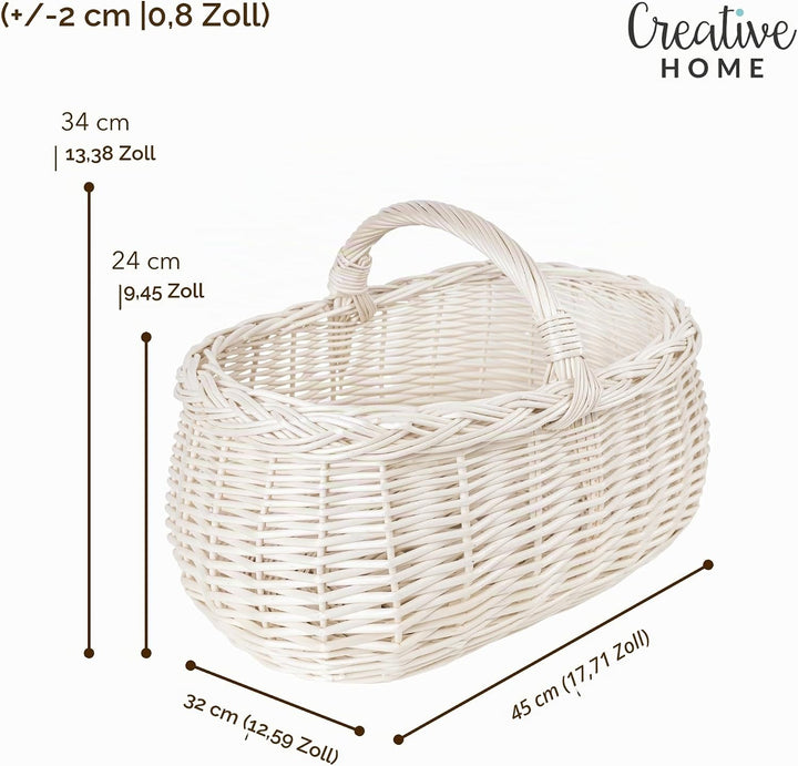 Creative Home Weisse Grosse Picknickkorb Weidenkorb mit Henkel Einkaufskorb | 45 x 32 x 34 cm (+/- 1