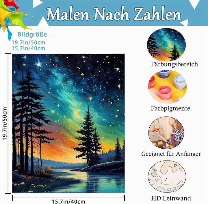 Qianbaiuk 2 Stück Sternenhimmel Malen Nach Zahlen Erwachsene-Aurora Landschafts Malen Nach Zahlen,DI