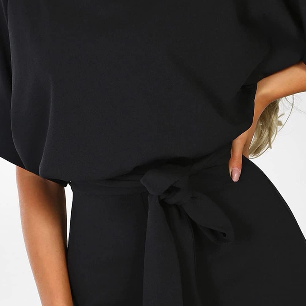 Damen Lang Jumpsuit Overall Hosenanzug Elegant Romper Kurzarm Rundhals Playsuit mit Gürtel Hosenanzu