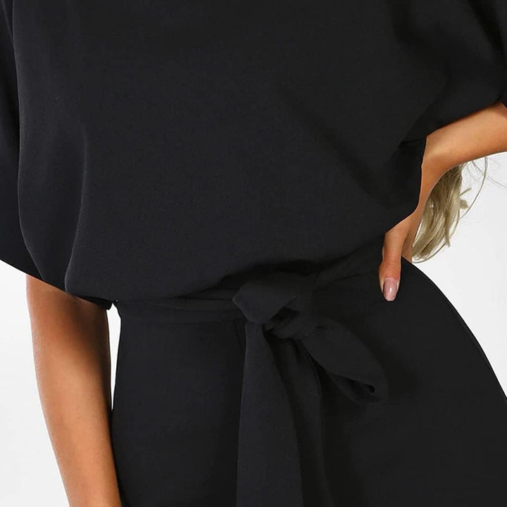 Damen Lang Jumpsuit Overall Hosenanzug Elegant Romper Kurzarm Rundhals Playsuit mit Gürtel Hosenanzu