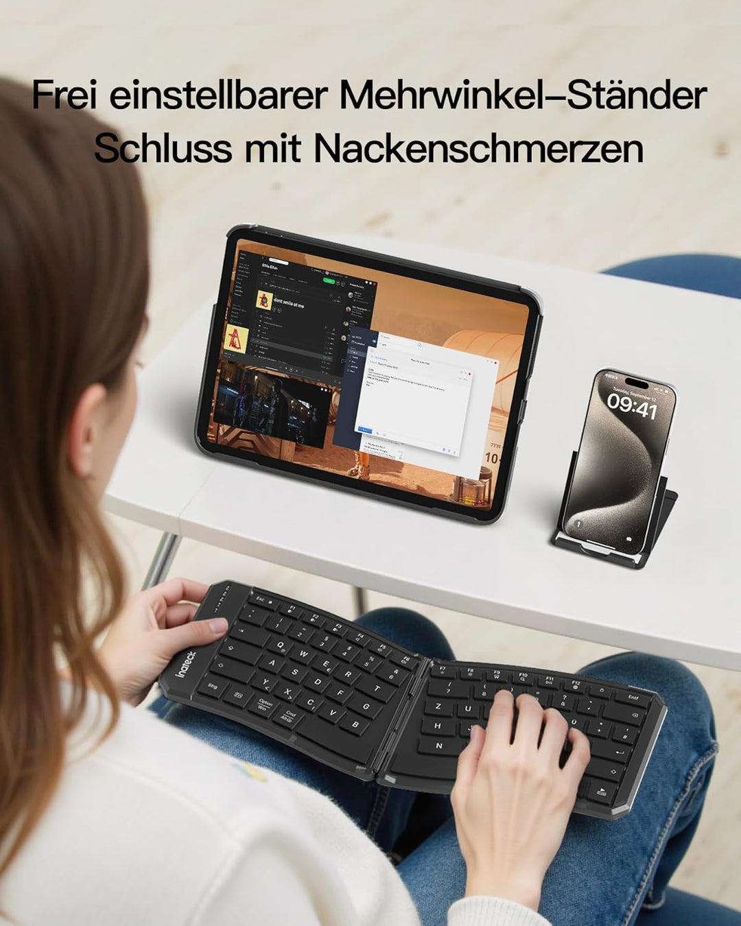Inateck Faltbare Tastatur Ergonomische, Funktastatur Dual-Fold Magnetic QWERTZ,mit 3 BT,Mit Rückencl