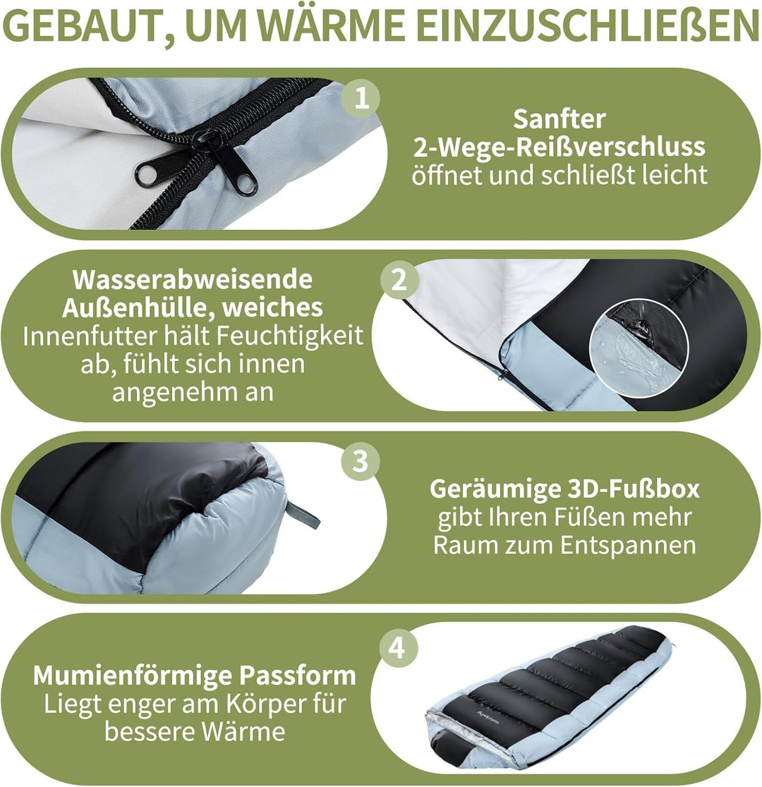 Schlafsack Erwachsene 450GSM, 3-Jahreszeiten Mumienschlafsack Outdoor, wasserabweisender Camping Sch