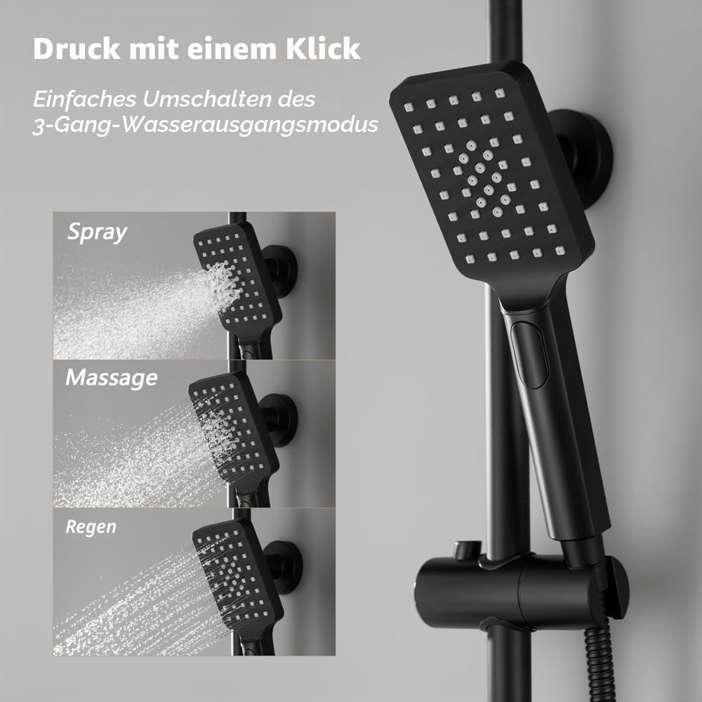 KOMIRO Duschsystem Schwarz, Duscharmatur Komplettset, Duschset mit Armatur, Regendusche Schwarz, Reg