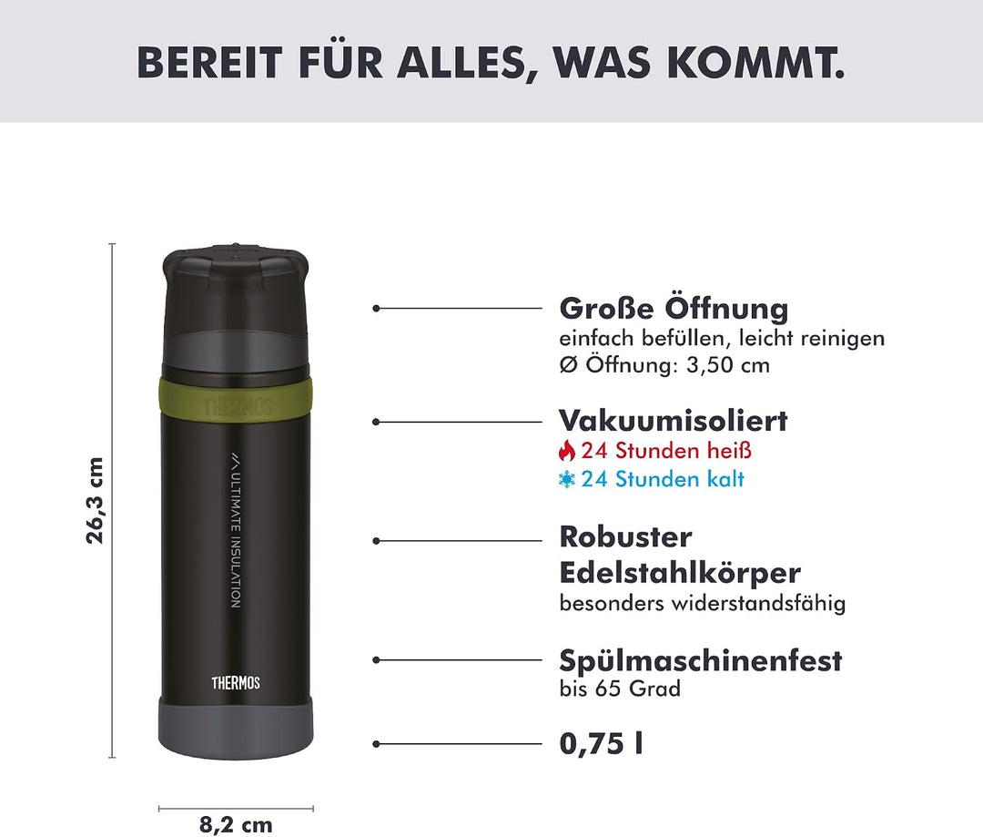THERMOS MOUNTAIN BEVERAGE BOTTLE 0,75l, black, Thermosflasche Edelstahl mit Trinkbecher, 24 h heiss