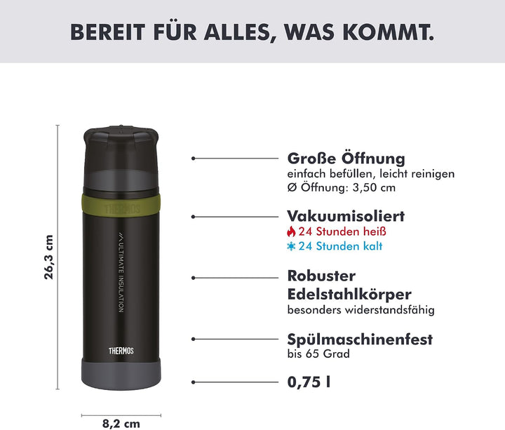 THERMOS MOUNTAIN BEVERAGE BOTTLE 0,75l, black, Thermosflasche Edelstahl mit Trinkbecher, 24 h heiss