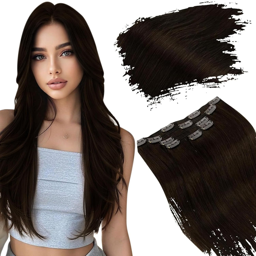 Ugeat Clip in Extensions Echthaar Dunkelbraun Haarverlängerung Echthaar Extensions Haare Natürlich E