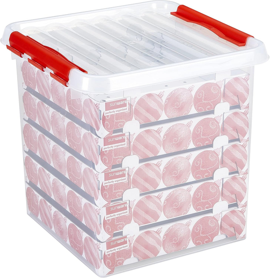 Sunware Q-Line Weihnachtsbox mit Tabletts für 125 Kugeln, transparent/rot, 38 Litre