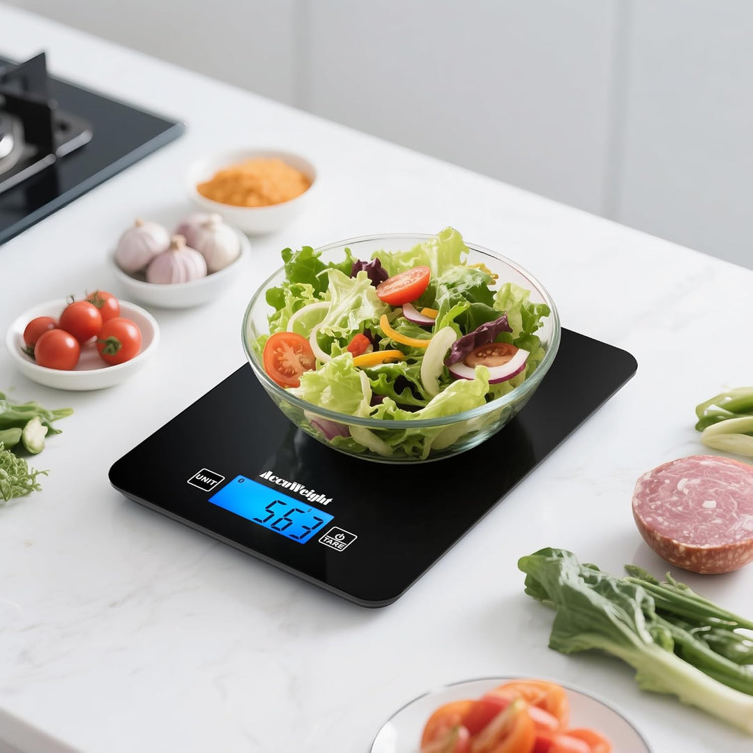 ACCUWEIGHT Küchenwaage Bluetooth mit Nährwertrechner (mit 4 Batterien) Digitale Lebensmittelwaage bi
