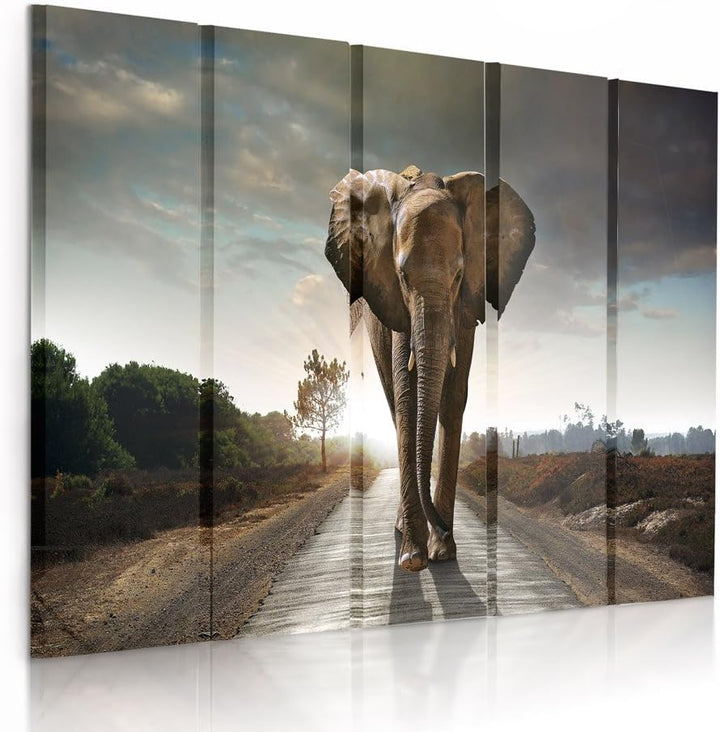 Feeby Frames, Leinwandbild Bilder Wand Bild - 5 Teile - Wandbilder Kunstdruck (Elefant, BRAUN) 200x1
