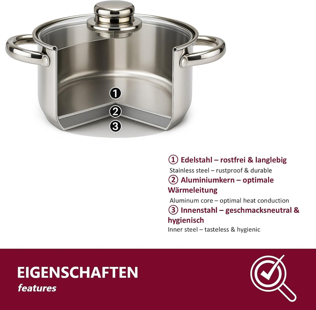 Universalkochtopf aus Edelstahl mit Glasdeckel - Ø28 cm | Grossvolumen 13,5 Liter | Für Induktion Ga