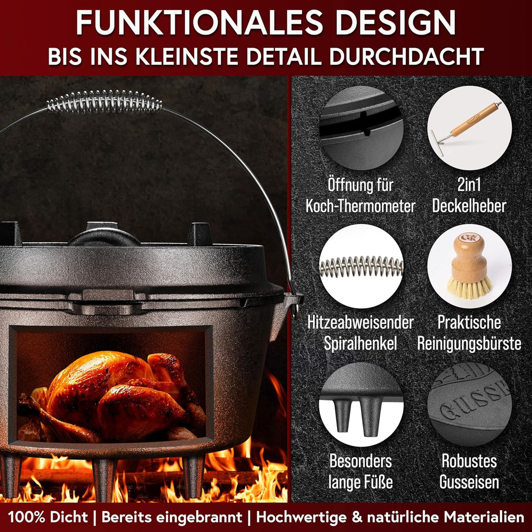 GUSSKÖNIG Dutch Oven Set - Eingebrannter Dutch Oven 4,5 Liter - Feuertopf Gusseisen mit Füssen - Sch