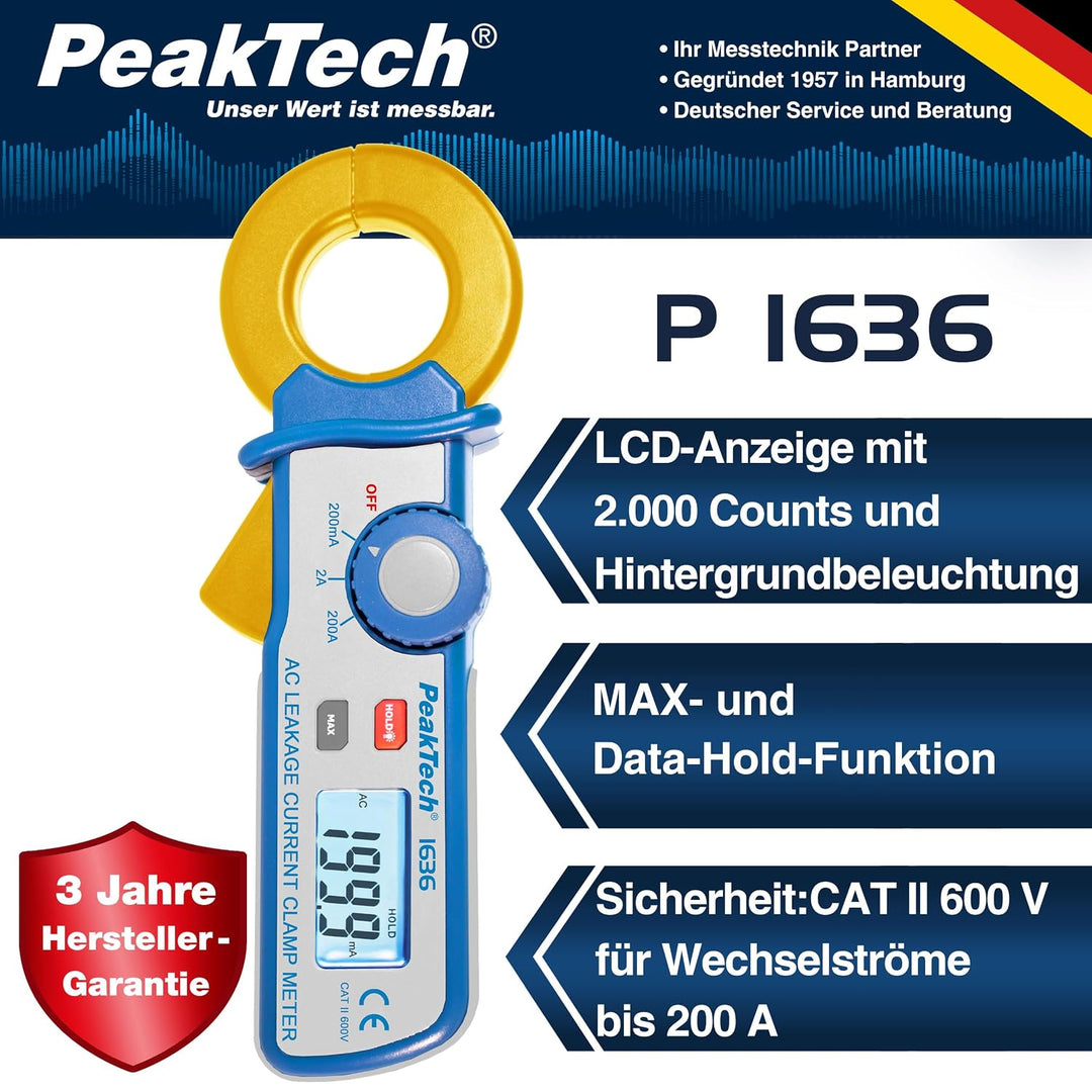 PeakTech 1636 – Leckstromzange mit Auflösung bis 100 µA, 2000 Counts, Data-Hold, Kriechstromzange, W