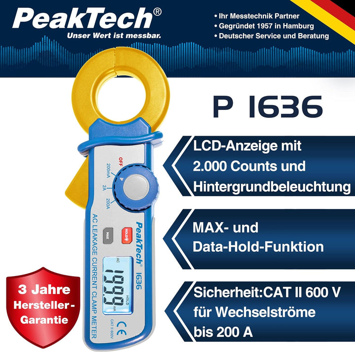 PeakTech 1636 – Leckstromzange mit Auflösung bis 100 µA, 2000 Counts, Data-Hold, Kriechstromzange, W