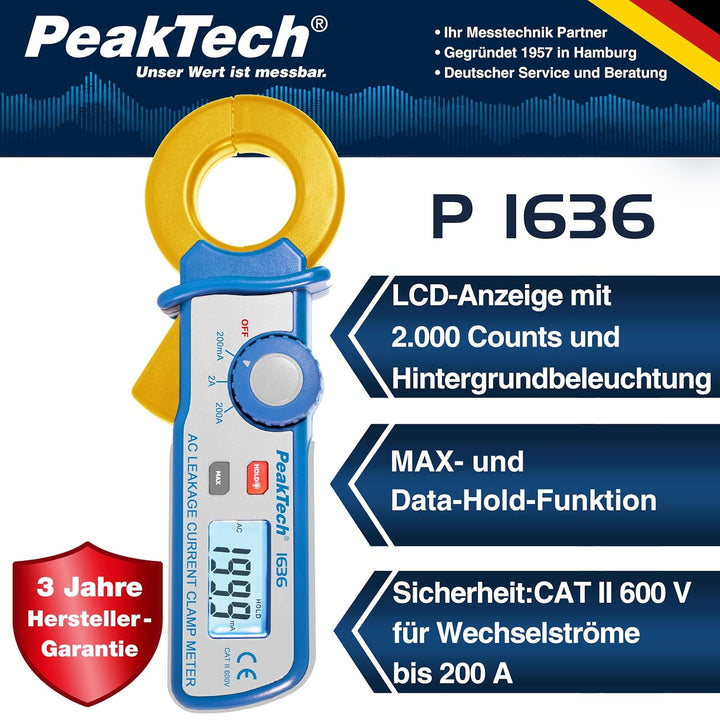 PeakTech 1636 – Leckstromzange mit Auflösung bis 100 µA, 2000 Counts, Data-Hold, Kriechstromzange, W
