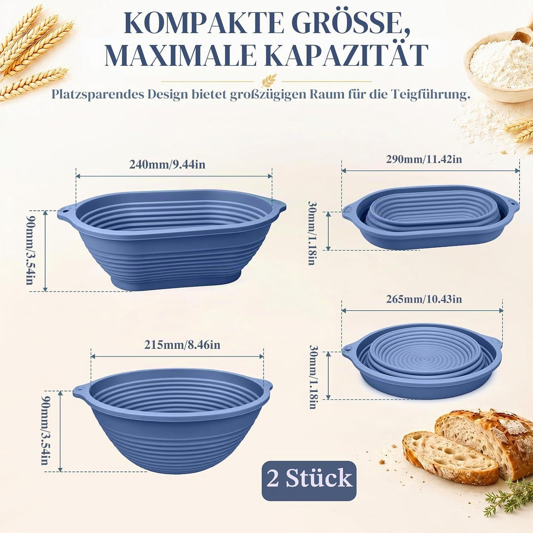 2 Stück Silikon Gärkörbchen für Brot, 29 cm Oval und 25 cm Rund, Eingebauter Verstärkter Stahlfelgen