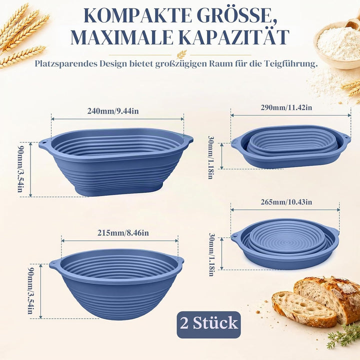 2 Stück Silikon Gärkörbchen für Brot, 29 cm Oval und 25 cm Rund, Eingebauter Verstärkter Stahlfelgen