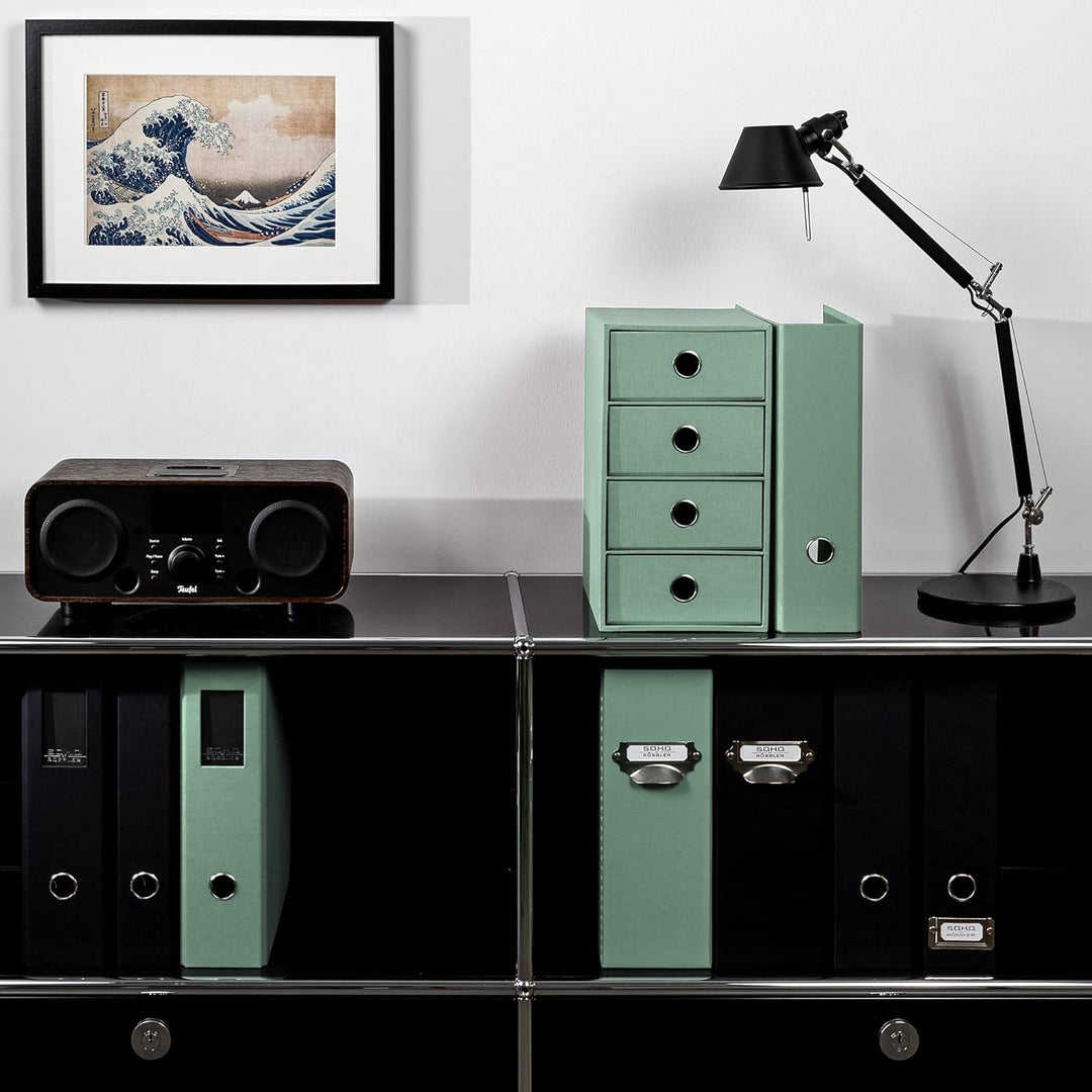 Rössler 1524452654 - S.O.H.O. 4er Schubladenbox für DIN A5, mit Griffloch, Mint, 250 x 175 x 320 mm,