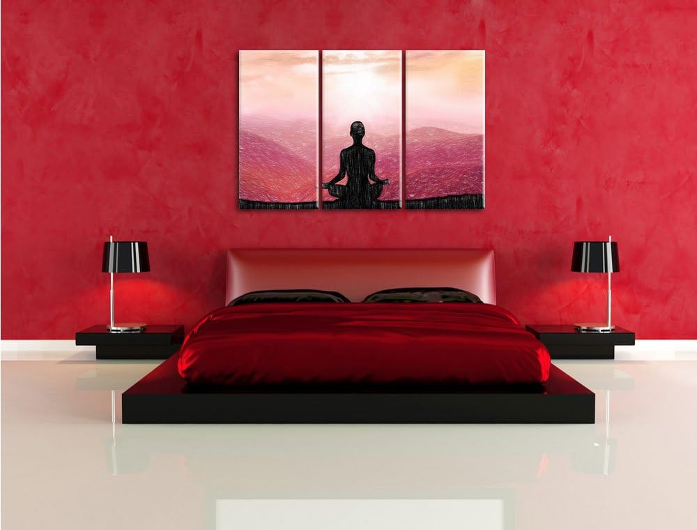 Pixxprint Meditierender Mensch in den Bergen Kunst Buntstift Effekt 3-Teiler Leinwandbild 120x80 Bil