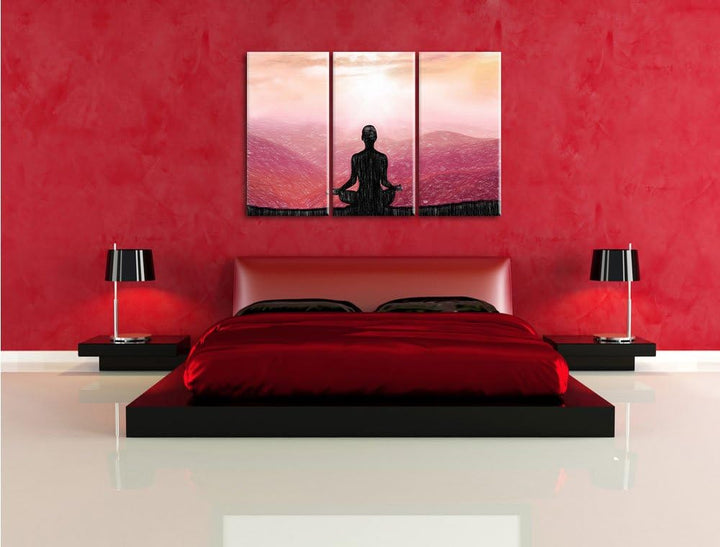 Pixxprint Meditierender Mensch in den Bergen Kunst Buntstift Effekt 3-Teiler Leinwandbild 120x80 Bil