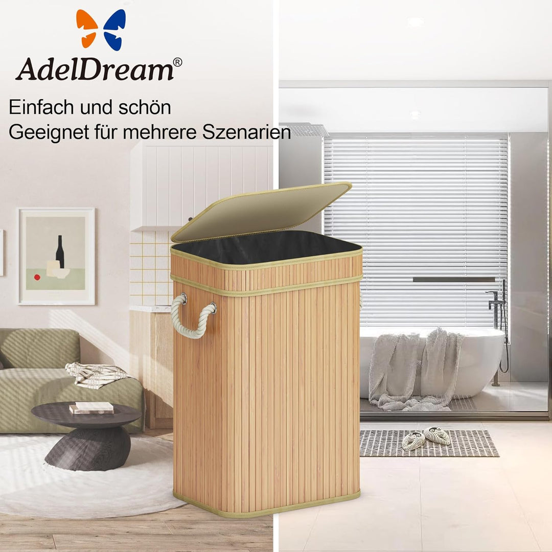 AdelDream 72L Wäschekorb aus Bambus Wäschebehälter mit Deckel Karbonisiert Waschbox Wäschetrennsyste