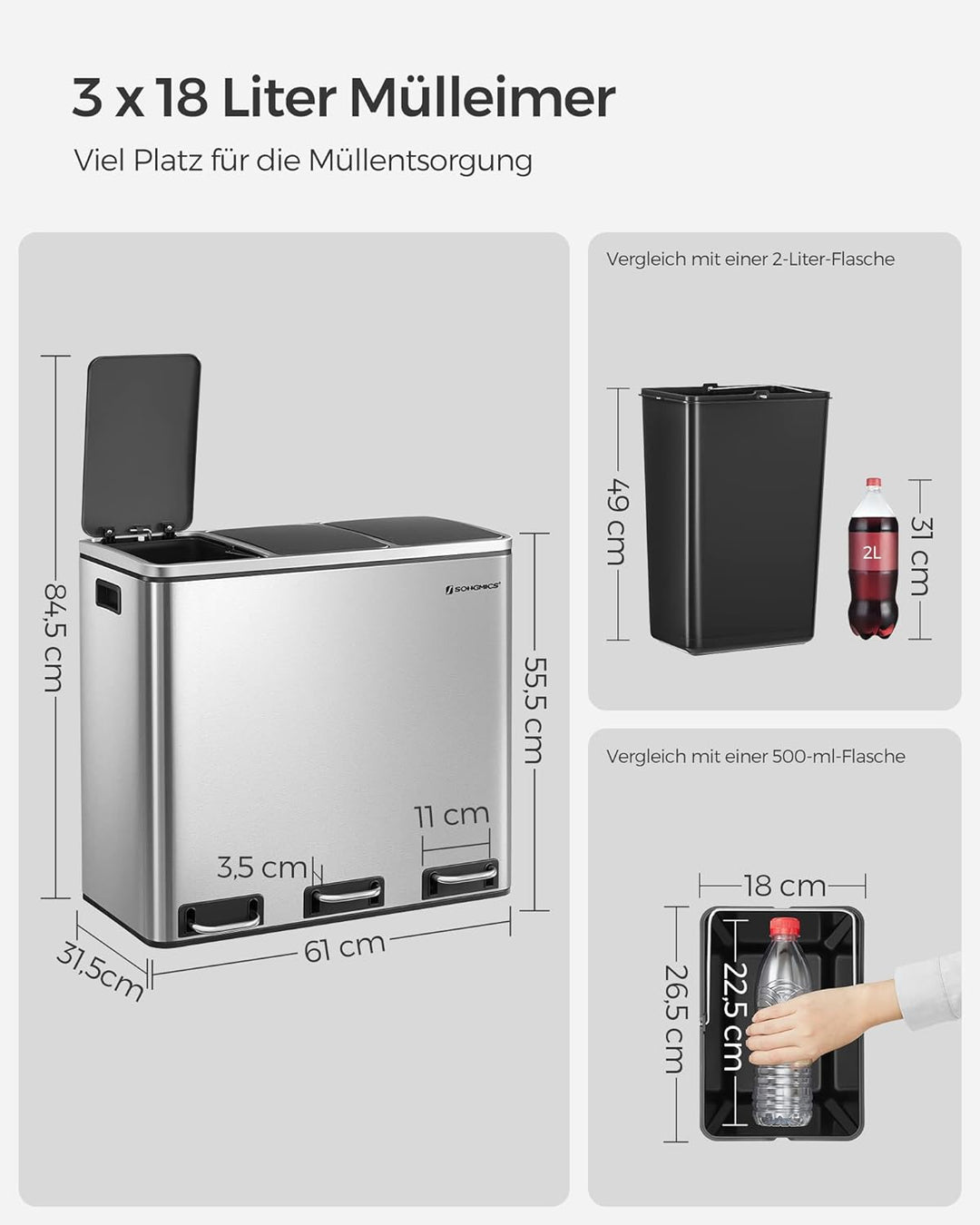 SONGMICS Mülleimer Küche, Mülltrennsystem, 3 x 18 L, Treteimer mit 3 Fächern, Abfalleimer, Softclose