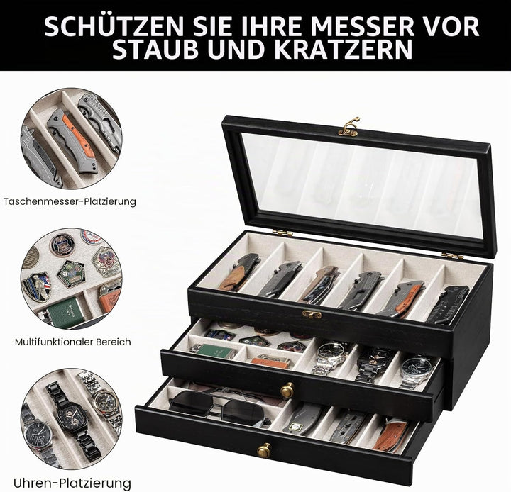 Messerhalter, 3-stöckige Messerständer, Messer-Vitrine für Messersammlungen mit transparentem Deckel