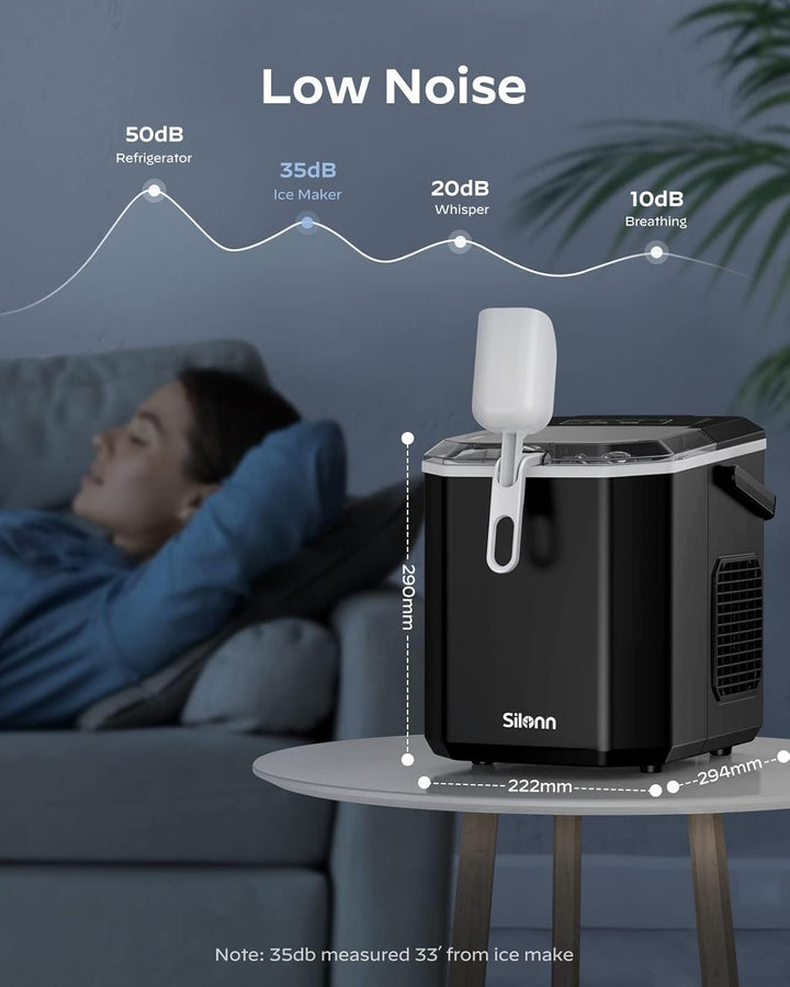 Silonn Eiswürfelmaschine mit Tragegriff &amp; Eiskorb, Mini Ice Maker mit Selbstreinigung, 9 Eiswürfel i