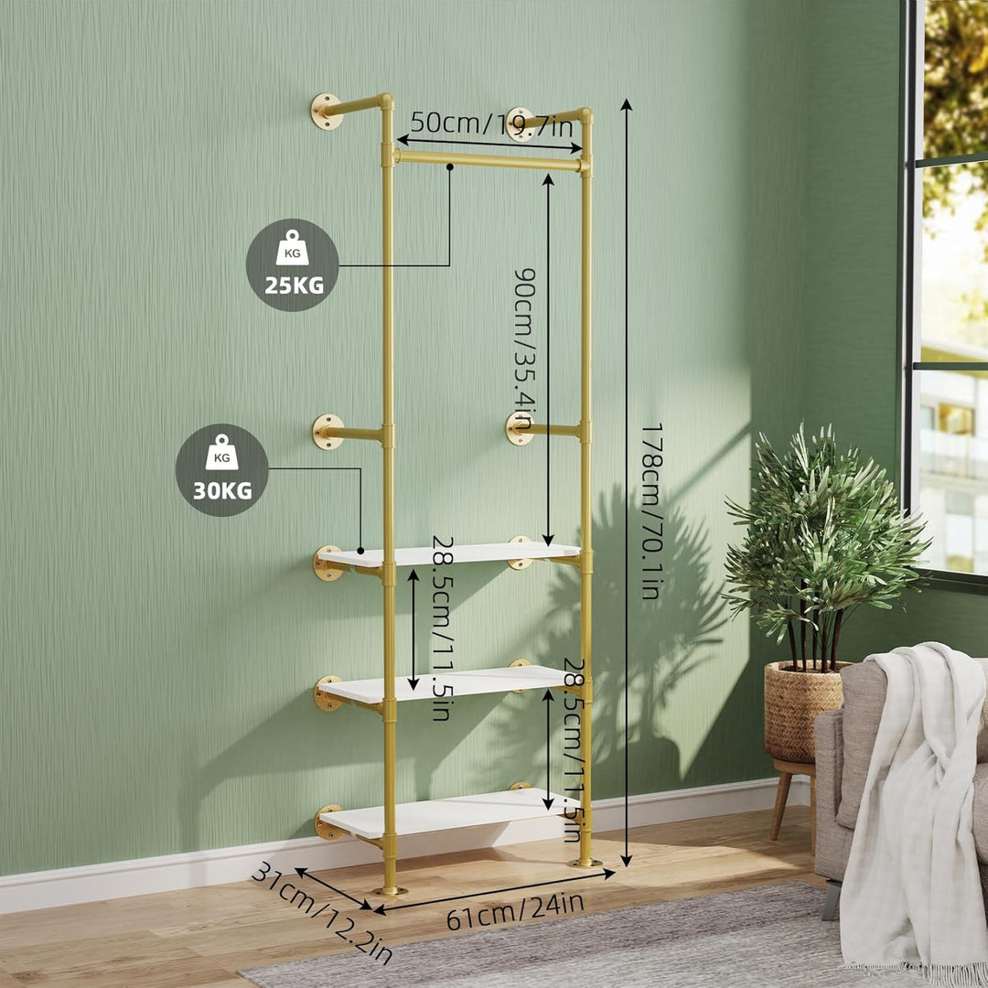 unho Kleiderstange zur Wandmontage, Wandgarderobe mit 3 verstellbare Ablagen im Industrierohrstil, W