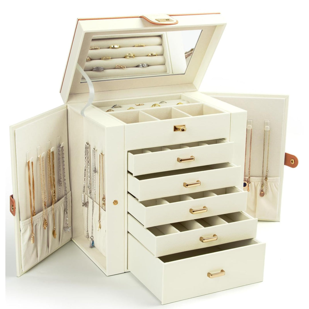 KAMIER Schmuckkästchen für Damen, grosse Schmuckschatulle mit 6 Ebenen, Schmuckbox mit Spiegel und 5