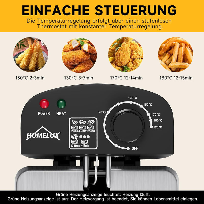 HOMELUX Friteuse 3Liter Kapazität Friteuse Mit fett, Abnehmbarer Edelstahl Fritöse, Isolierter Griff