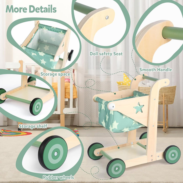 Asweets 2-in-1 Lauflernwagen Holz, Puppenwagen zum Schieben und Ziehen, Baby Walker, Kleinkindspielz