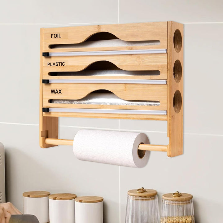 Reusable wrap organizer with cutter‑13.98×11.61×2.76inches wooden kitchen storage holder, fits rolls