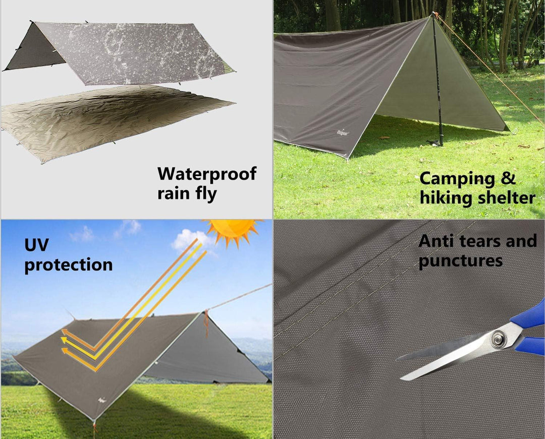 Unigear Tarp 3x3 3x4 3x5 4x4 wasserdicht, Zeltplane für Hängematte mit Ösen + 6/8 Erdnägel + 6/8 Sei