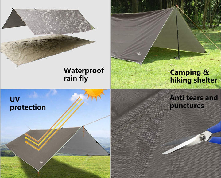 Unigear Tarp 3x3 3x4 3x5 4x4 wasserdicht, Zeltplane für Hängematte mit Ösen + 6/8 Erdnägel + 6/8 Sei