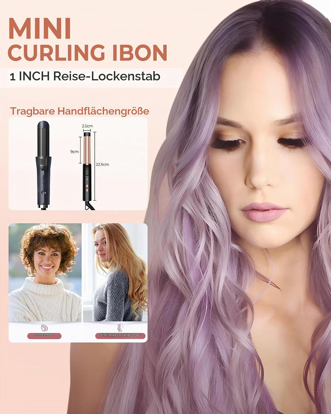 UKLISS Mini Lockenstab 25mm - Lockenstab Kurze Haare 160-200°C, Reise Mini Hair Curler für Kurze und