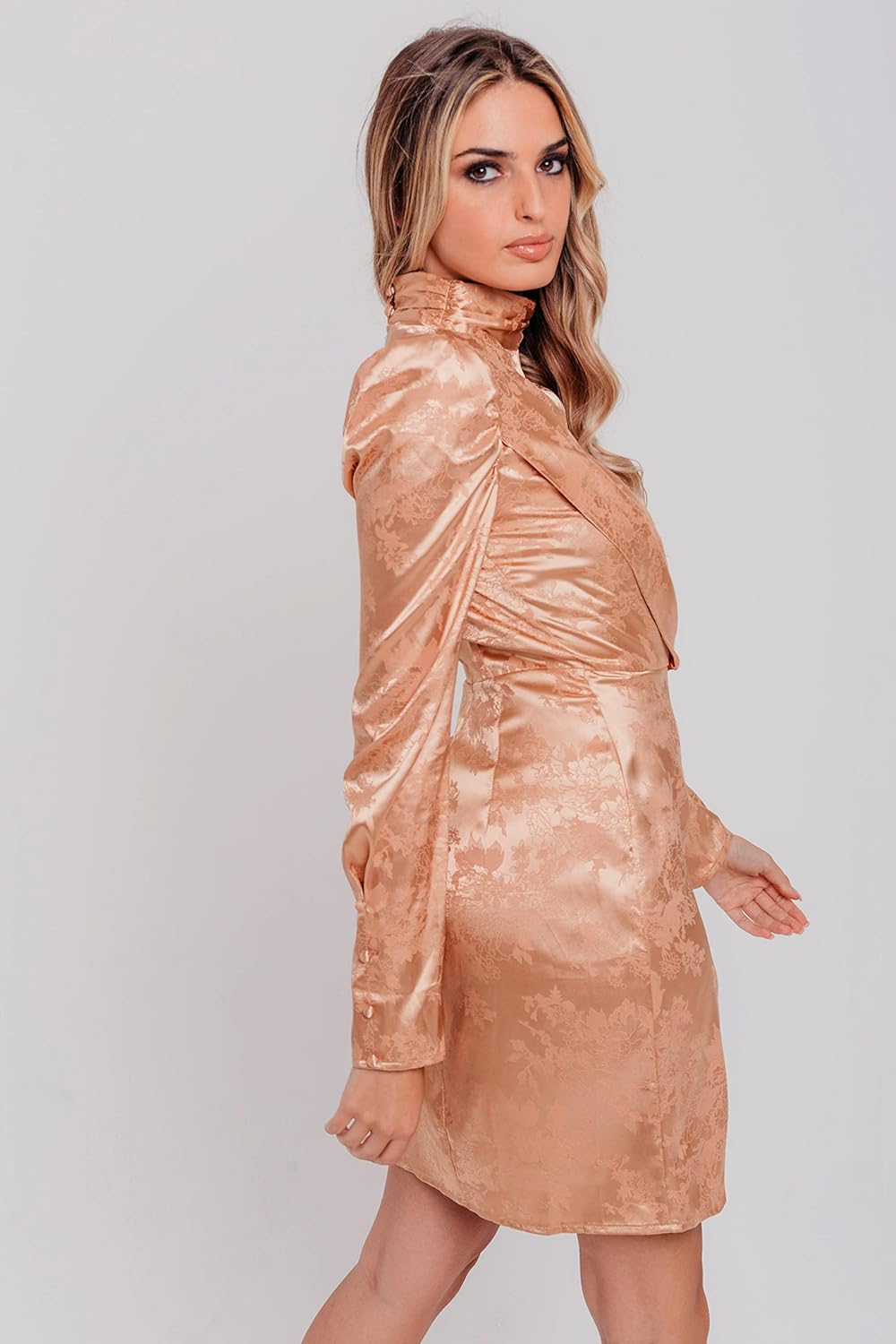 Damen Champagnerfarbenes Jacquard-Satin Wickelkleid Lässiges Abendkleid 34 Champagnerfarben, 34 Cham