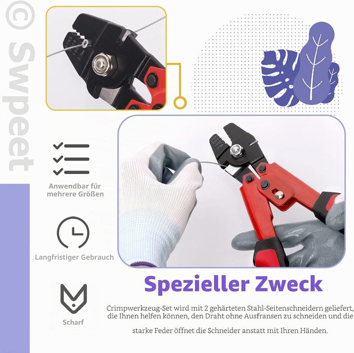 Swpeet 165Pcs Beruf Bis zu 2.2mm Drahtseil Crimpwerkzeug und Kabelschneider, Aluminium Doppel Crimps