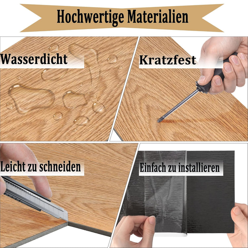 Aufun PVC Bodenbelag Vinylboden Selbstklebend 18 Stück 2.51m², Holzmaserung Bodenfliesen mit Holz-Op