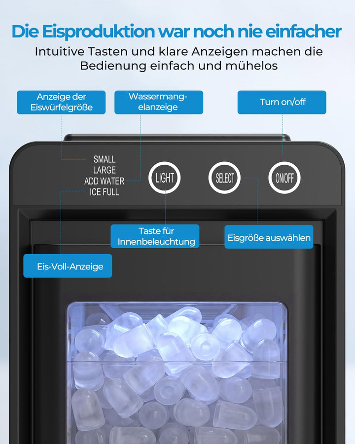 Tragbare Eiswürfelmaschine mit Schublade – Schnelles Kugeleis in 6 Min (12kg/24h), 2 Grössen, Selbst