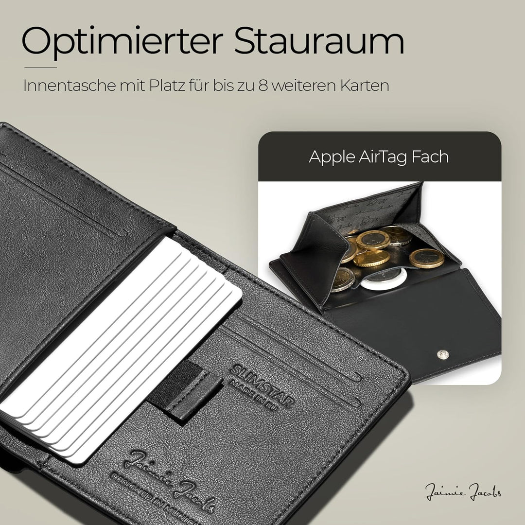 Jaimie Jacobs SLIMSTAR AirTag-Edition mit grossem Münzfach dünne Geldbörse Leder Slim Wallet Hochfor