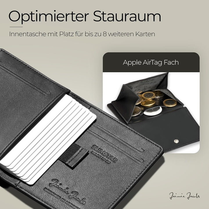 Jaimie Jacobs SLIMSTAR AirTag-Edition mit grossem Münzfach dünne Geldbörse Leder Slim Wallet Hochfor