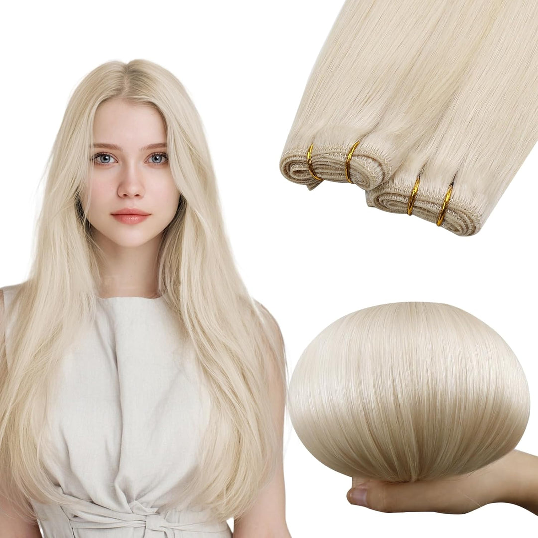 RUNATURE Tressen Extensions Echthaar Weissblond Glatt Echthaar Tressen Zum Einnähen Weisse Blondine