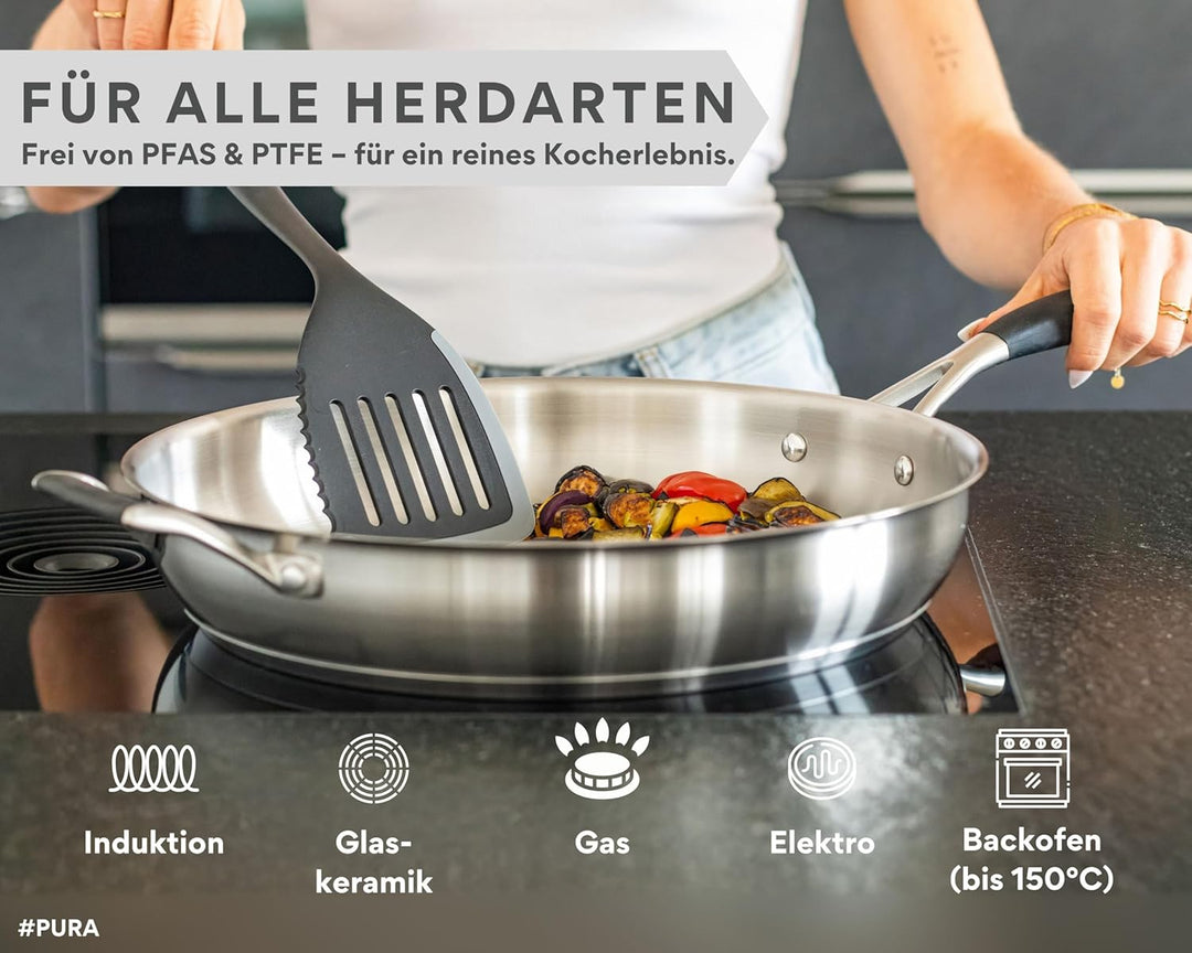 Edelstahlpfanne 32cm – Ohne PTFE & PFOA, unbeschichtete Pfanne aus Edelstahl, Induktion geeignet, gr