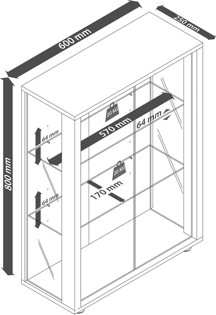 VCM Glasvitrine hängend | Vitrine Glas mit ESG-Sicherheitsglas | Masse: H. 80 x B. 60 x T. 25 cm | H